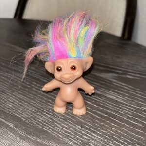 Vintage WISHNIK UNEEDA Troll Doll 3" GOOD LUCK Rainbow Retro Gnome 2 Horseshoes